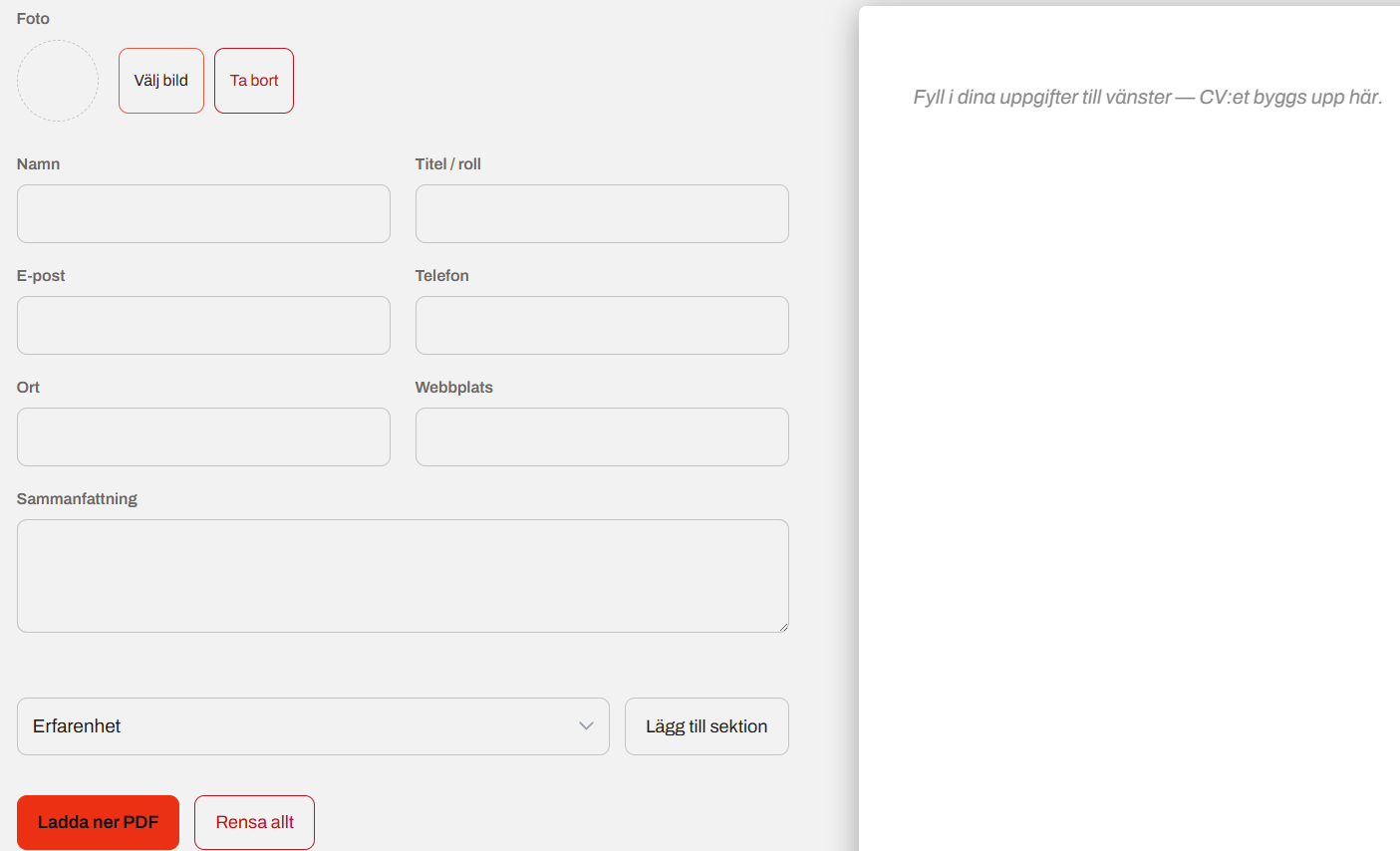 Skärmdump av CV Generator i Tools